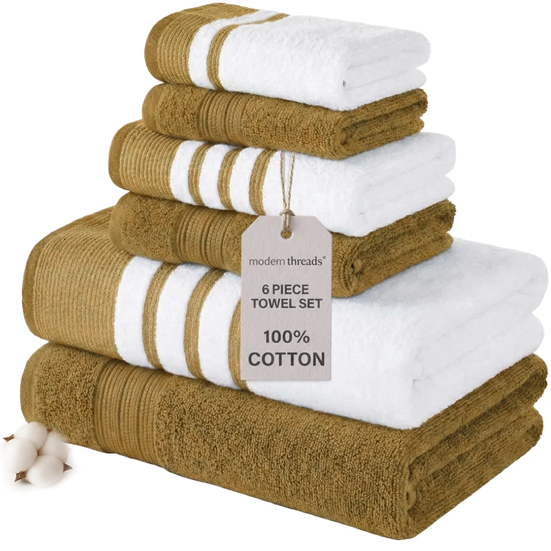 Modern Threads 6 Piece Set, 2 Bath Towels, 2 Hand Towels, 2 Washcloths, Quick Dry White/Contrast Reinhart Mustard