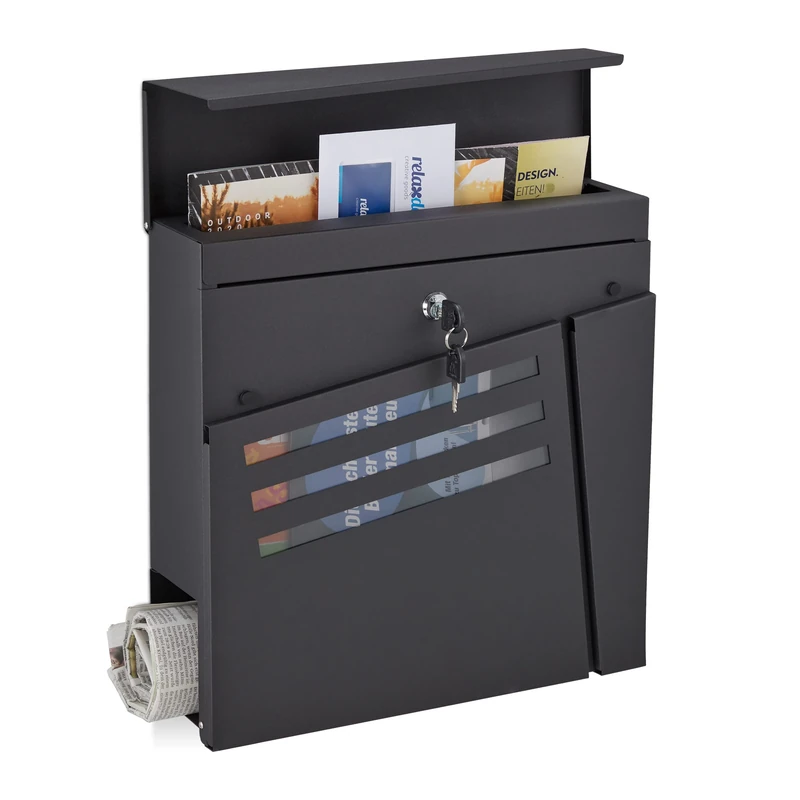 Relaxdays Mailbox with Newspaper Compartment, HxWxD 37 x 37 x 11 cm, 2 Keys, Steel, Modern Design with Pattern, Black