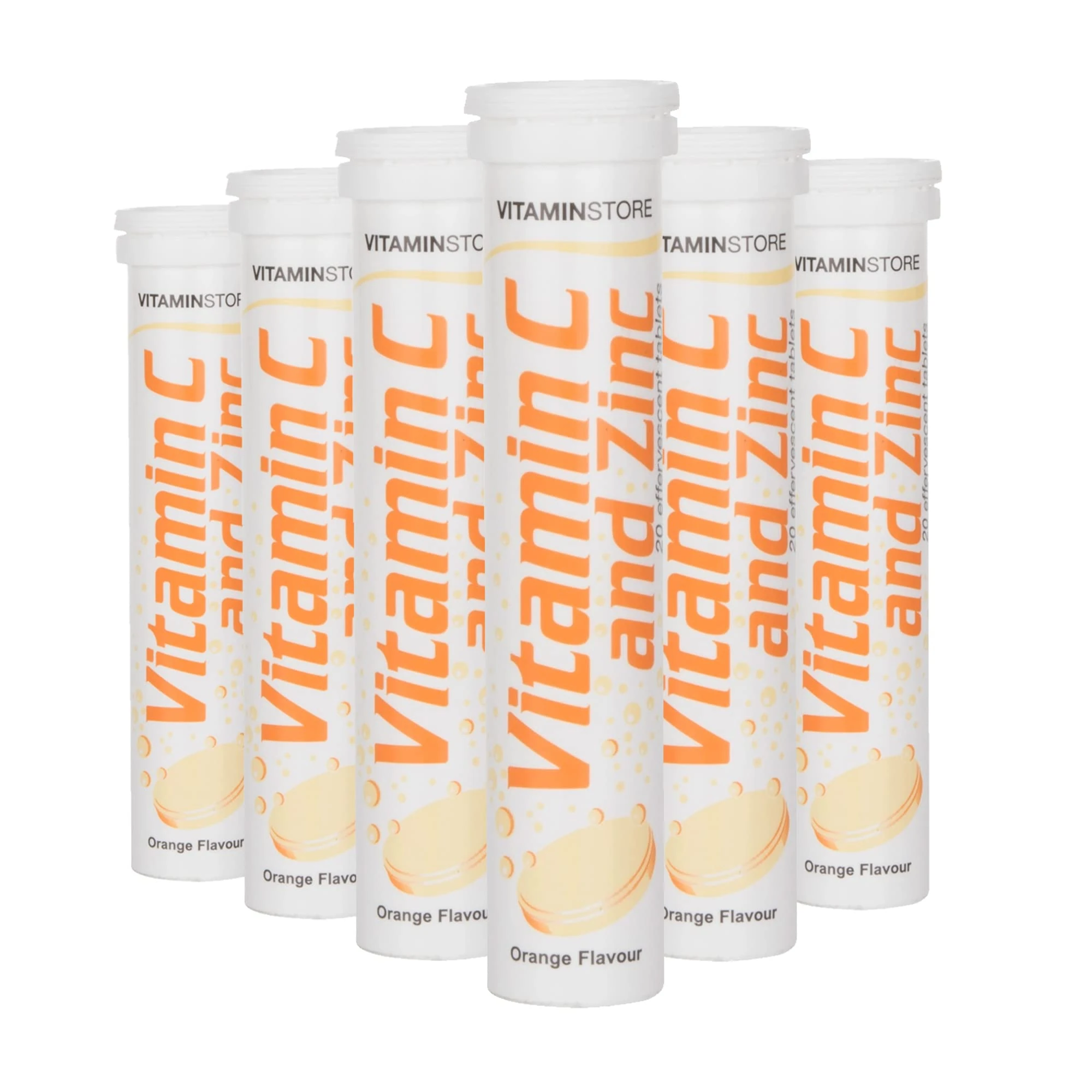 Vitamin Store Vitamin C and Zinc Effervescent Tablets, Orange Flavoured, Suitable for Vegans, 6 Packs of 20