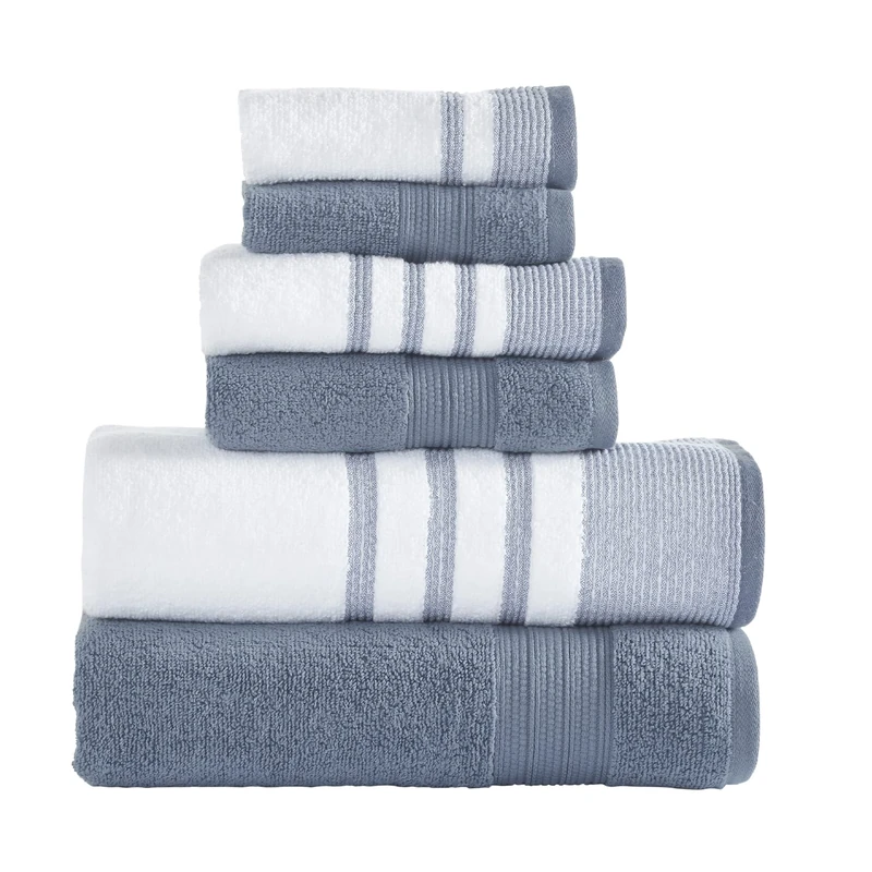 Modern Threads 6 Piece Set, 2 Bath Towels, 2 Hand Towels, 2 Washcloths, Quick Dry White/Contrast Reinhart Denim