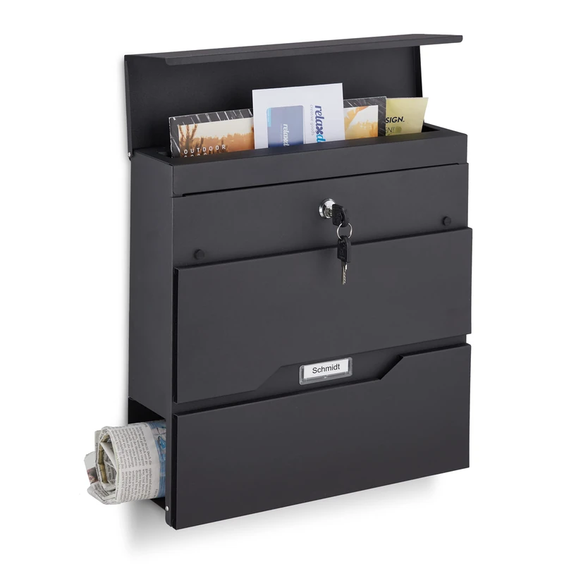 Relaxdays Letterbox, Mailbox Newspaper Compartment and Nametag, HWD 37x37x11 cm, 2 Keys, Steel, Modern Design, Black