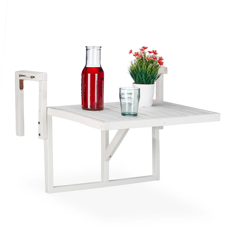 Relaxdays Folding Balcony Table, Hang on Railings, Height Adjustable, Flip Top, HWD: 55 x 70 x 65 cm, Fir Wood, White - Image 1