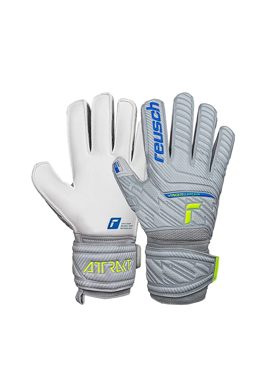 Reusch Attrakt Grip Finger Support Flexible Unisex Goalkeeper Gloves Men Women for Adults with Finger Protection Suitable for All Playing Field Surfaces and All Weather, Grey/Yellow, 10