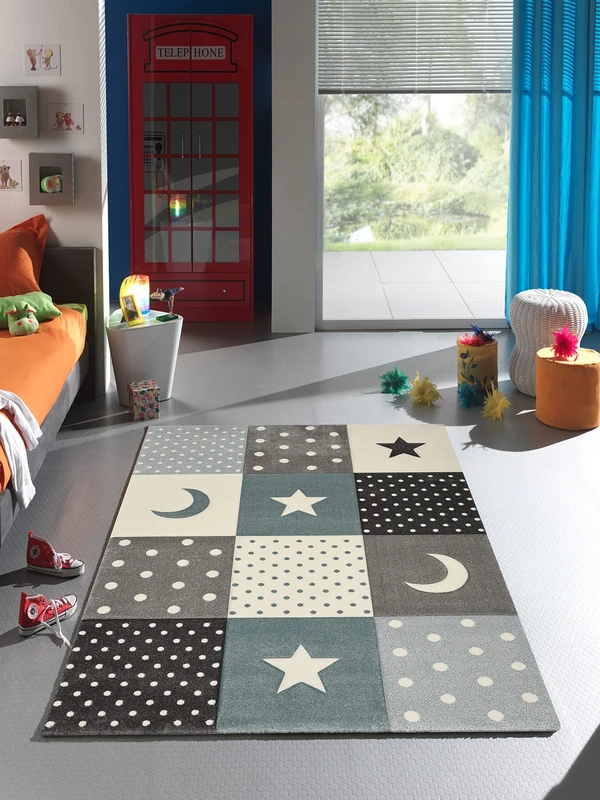 Mia's Rugs Marie Children's Rug for Boys and Girls, Pastel, Modern, Checked, Dots, Moon, Stars, Colour: Blue, Size: 160 x 230 cm