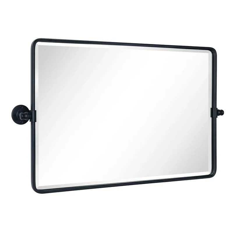 TEHOME 20x33'' Horizontal Farmhouse Black Metal Framed Rounded Pivot Rectangle Bathroom Mirror Tilting Beveled Vanity Mirrors for Wall