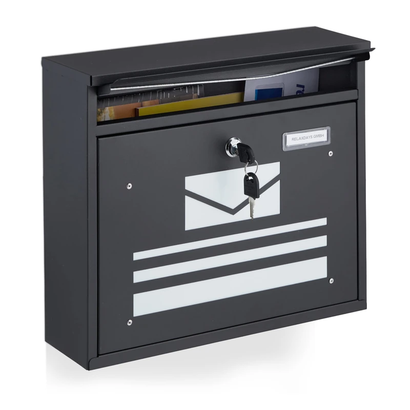 Relaxdays Mailbox with Newspaper Compartment, HxWxD 31 x 36 x 11 cm, 2 Keys, Steel, Modern Elegant Design, Silver/Black