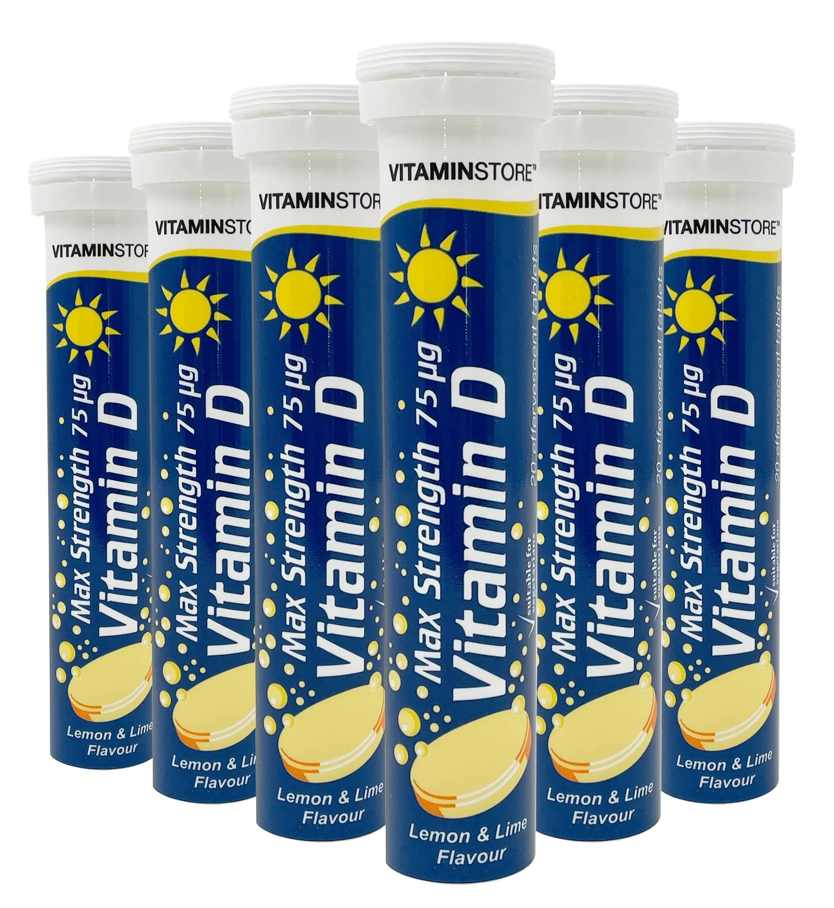 Vitamin Store Vitamin D Effervescent Tablets, Max Strength 75ug, Lemon & Lime Flavoured, Suitable for Vegetarians, 6 Packs of 20 Tablets
