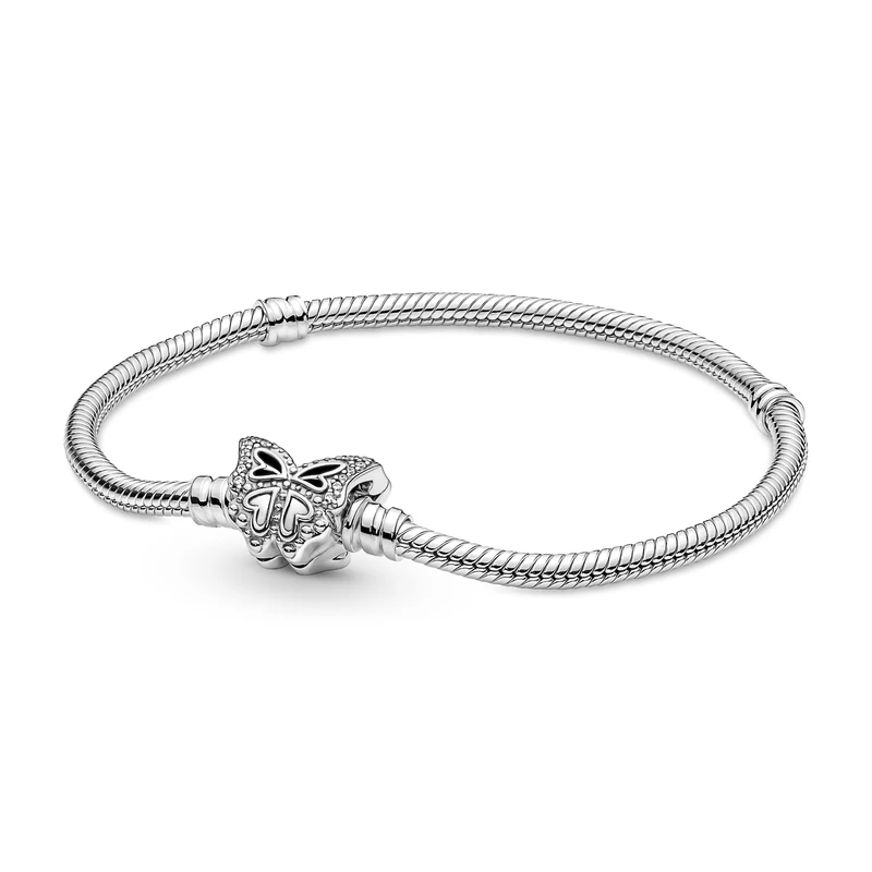 Pandora Moments Snake chain sterling silver bracelet with butterfly clasp with clear cubic zirconia, 23