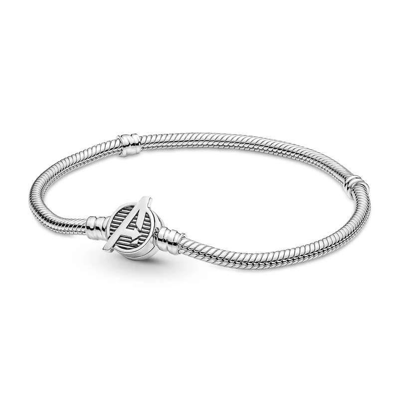 Pandora Snake chain sterling silver bracelet with Marvel The Avengers logo clasp, 16