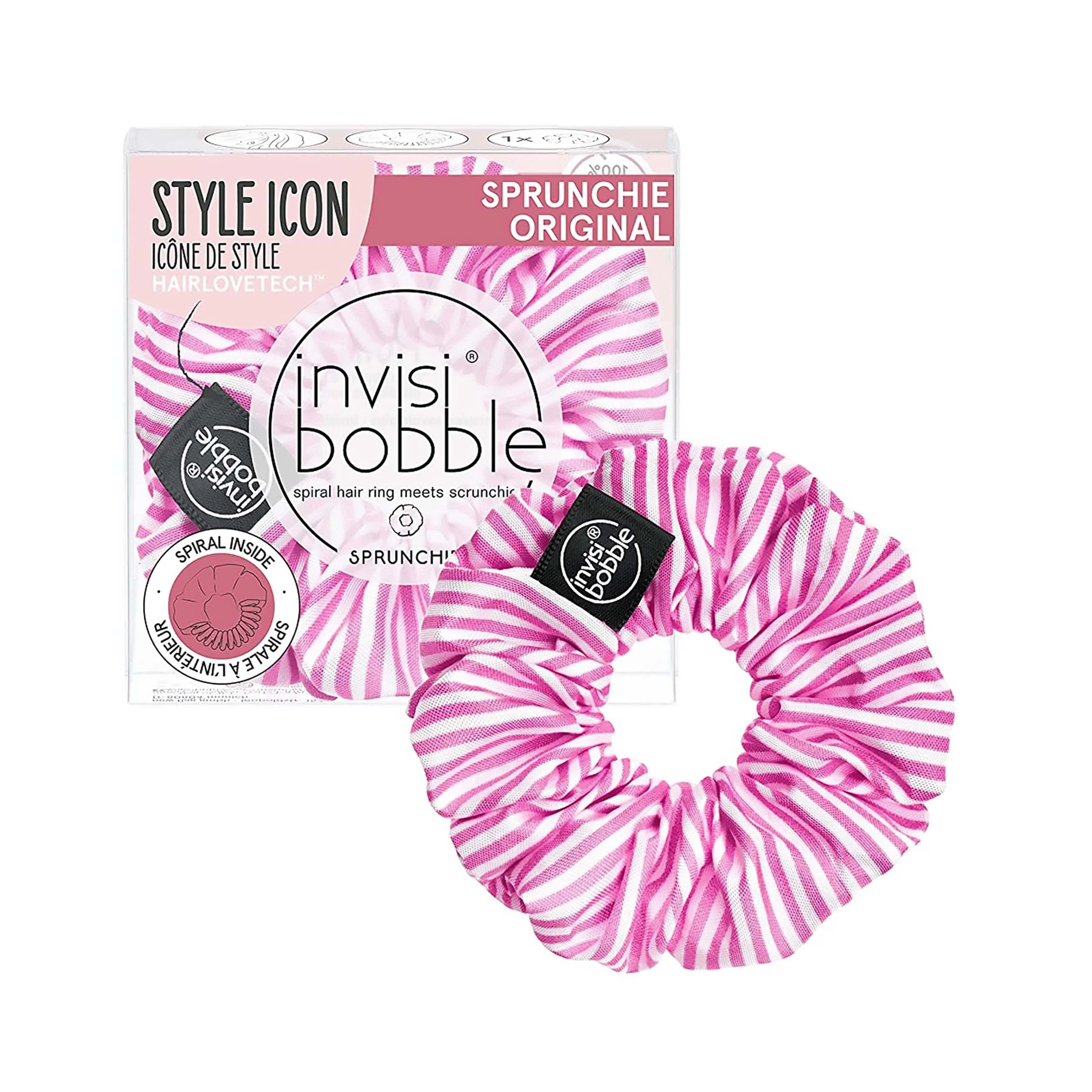 invisibobble Pink Scrunchie Stripes Up, Hair Bobbles Strong Hold for Girls & Women, Scrunchies Pink White, Designed in The Heart of Munich
