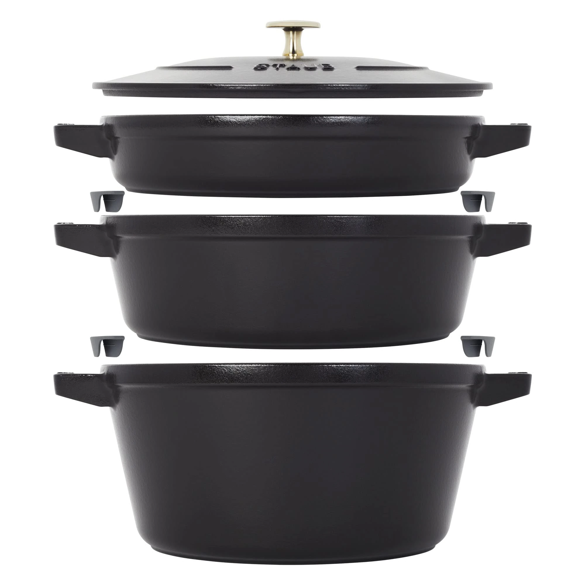 STAUB Cast Iron Set 4-pc, Stackable Space-Saving Cookware Set, Dutch Oven, Skillet, Grill Pan with Universal Lid, Made in France, Matte Black