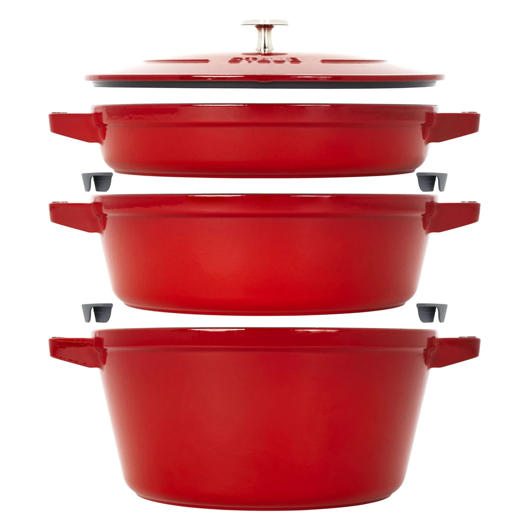 STAUB Cast Iron Set 4-pc, Stackable Space-Saving Cookware Set, Dutch Oven, Skillet, Grill Pan with Universal Lid, Made in France, Cherry