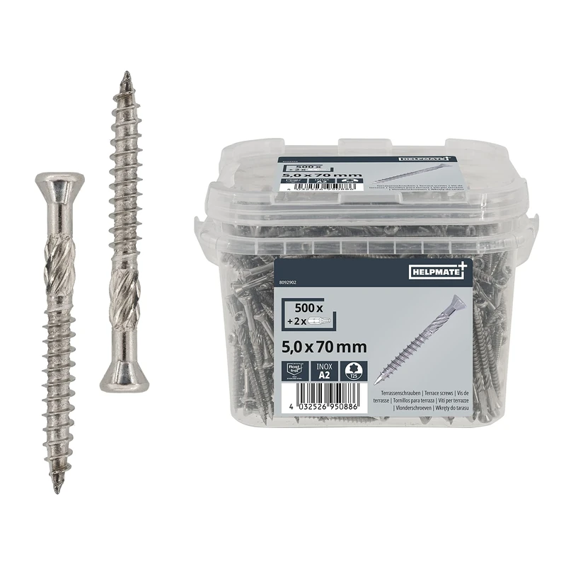 HELPMATE Terrace Screws 5 x 70 Stainless Steel A2 Rustproof - Pack of 500 Plank Screws + 2 T25 Bits - Decking Screws for Outdoor Use (Decking, Garden Sheds, Timber Constructions, etc.)