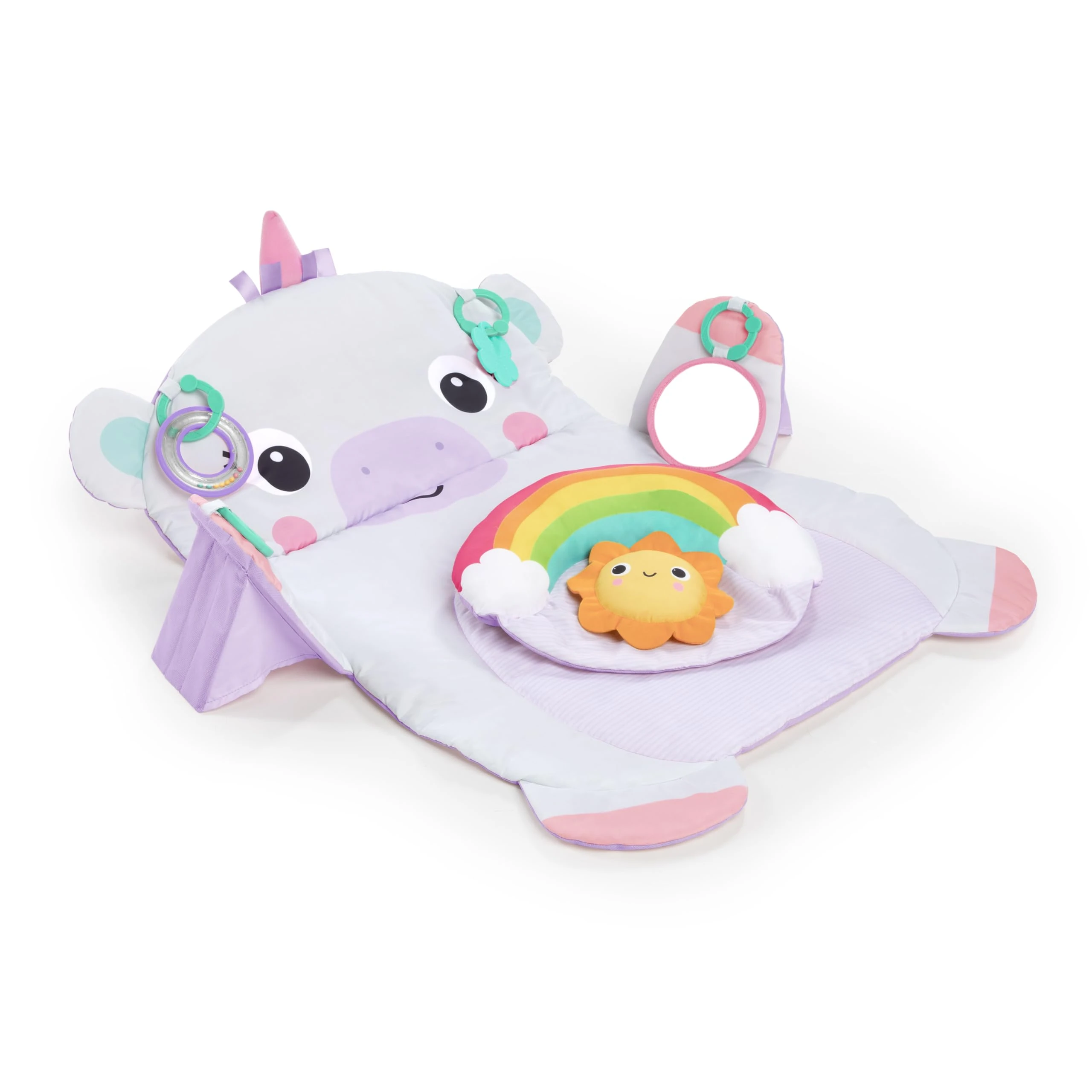 Bright Starts Tummy Time Prop & Play Oversized Baby Activity Gym, Unicorn, Large Playmat with 4 Removable Toys and Support Cushion, Machine Washable, Easy to Store, Age Newborn and up, Purple
