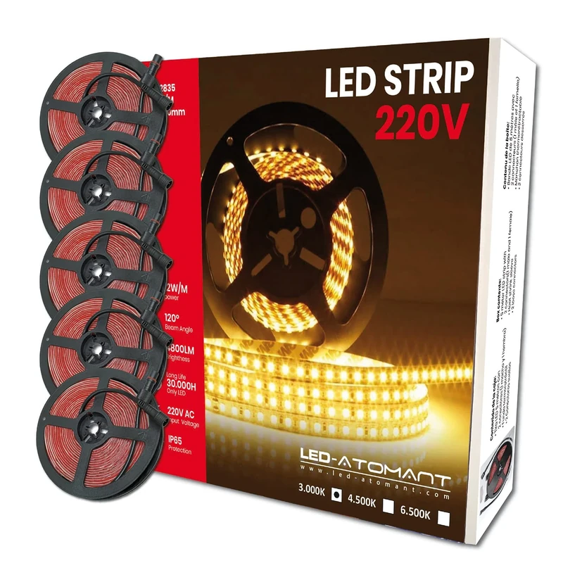 LED ATOMANT Pack of 5 x Roll of 5 m Direct LED Light Strip to 220V, 12W/m, Warm White (3000K), Waterproof (IP65), Cut Every 10 cm