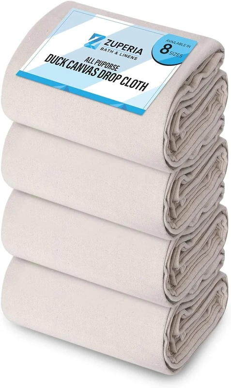 ZUPERIA Canvas Drop Cloth (Size 9 x 12 Feet - Pack of 4) - Pure Cotton Multi-Purpose Drop Cloth for Painting, Furniture & Floor Protection - Thick Canvas tarp with Double Stitched Edges 8oz