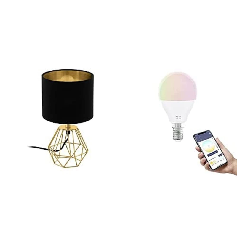 Eglo Table lamp Carlton 2, Vintage Table Light with E14 Connect.z Smart Home LED Light Bulb, dimmable Bedside lamp Made of Steel and Fabric in Black and Gold, RGB, Warm White – Cool White