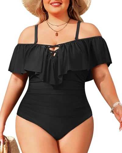 Daci Plus Size Swimsuit - Black Tummy Control Off Shoulder, Large