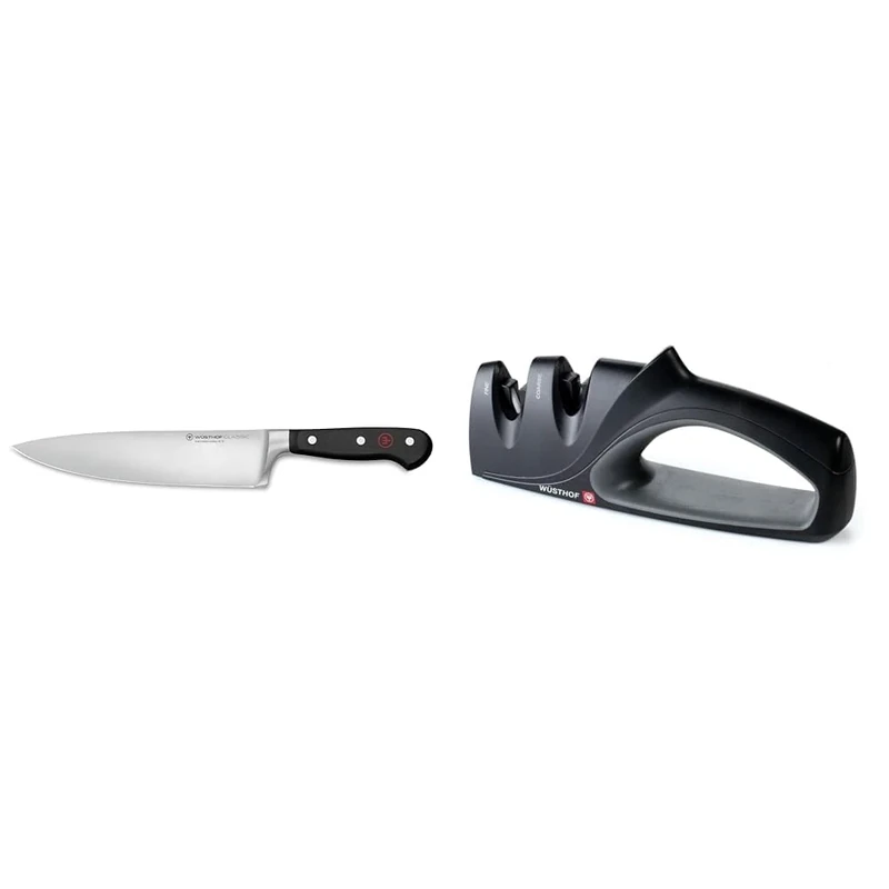 Wüsthof Classic 8 Inch Chef's Knife, Black & 2-Stage Hand-Held Sharpener, Black - Image 1
