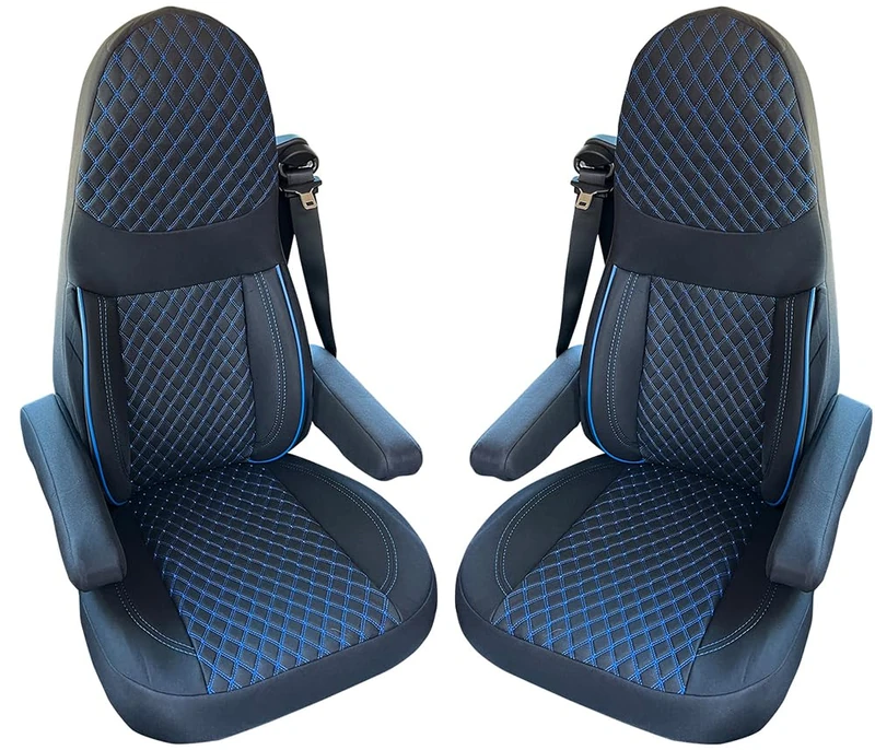 BREMER SITZBEZÜGE Motorhome Seat Covers for Aguti GIS Liner and Milan Seats, Set of 2 Protective Covers Including Armrest Covers in Black/Blue Stitching GT406 - Image 1