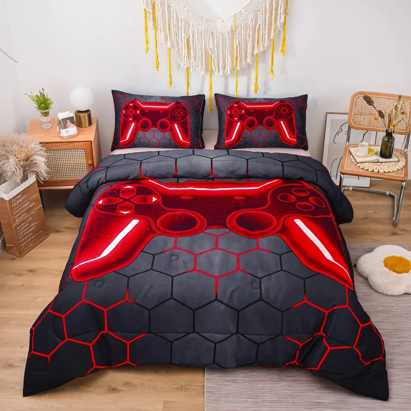 NTBED Game Console Comforter Set for Boys Girls Kids Geometric Lightweight Microfiber Bedding Sets (red, Twin)