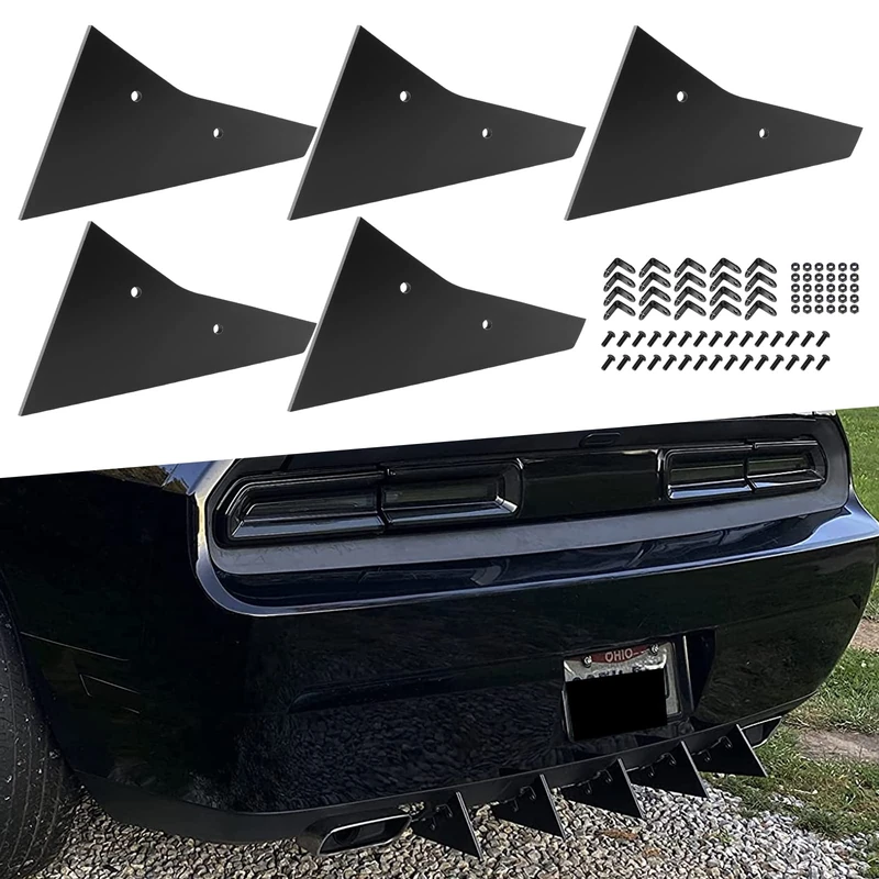 Rear Diffuser 5 Fins Set for Dodge Challenger SXT SRT RT Hellcat 2009-2014, Black Rear Bumper Lip Diffuser Shark Fins - Image 1
