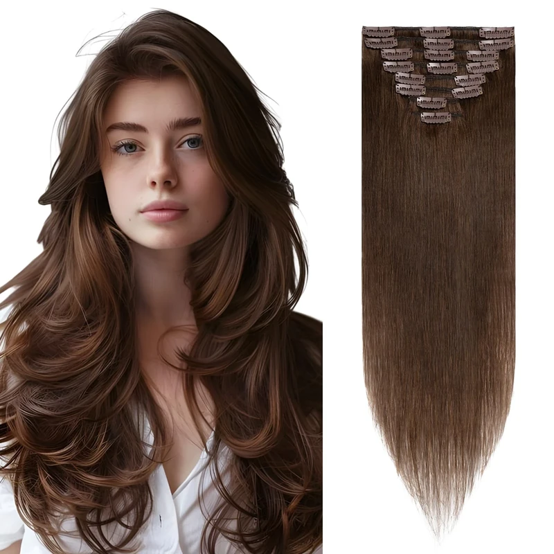Elailite Clip in Hair Extensions Real Human Hair Remy Hair Full Head - 8 Pcs Invisible Thin Weft - #04 Medium Brown - 20 Inch