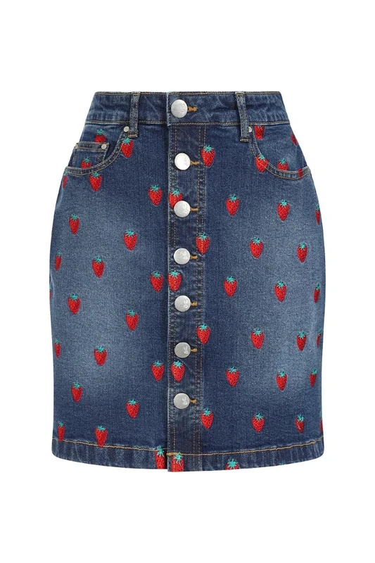 Hell Bunny Strawberry Mini Skirt Jeans High Waist Retro 1950's Vintage Denim - Blue (XXL)