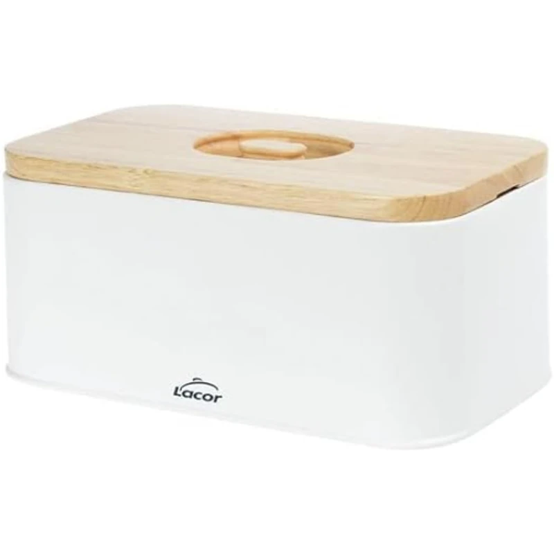 LACOR - 62868 – Nordic Style Bread Bin Carbon Steel, Rubber Wood Lid, 2-in-1 Vintage Design: The lid serves as a cutting board, measures 30 x 18 x 12.5 cm, Matte White - Image 1