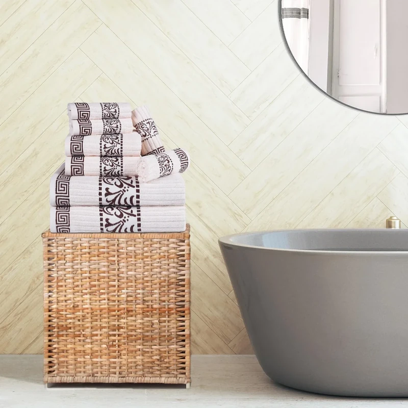 Superior 8 Piece Cotton Towels, Highly-Absorbent Plush Decorative Bohemian, Greek Key Trim Jacquard Dobby Border, Face Towels 13” x 13”, Hand Towels 16” x 30”, Bath Towels 30” x 52”, Ivory-Chocolate