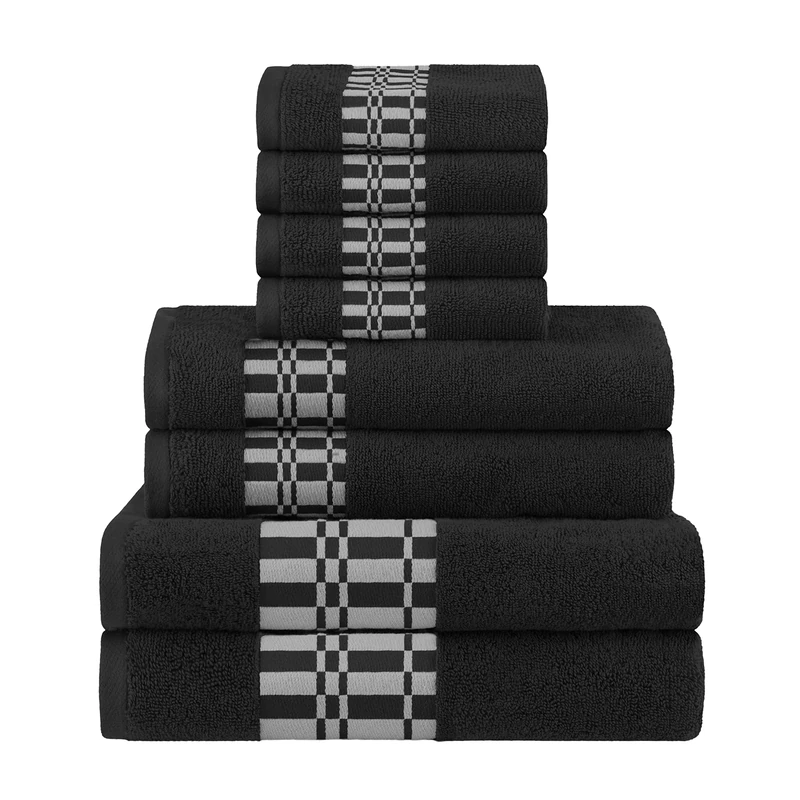 Superior Cotton 8 Piece Towel Set, Plush Quick Dry Decorative Bathroom, Modern Geometric Design with Dobby Border, Face Towels 13” x 13”, Hand Towels 16” x 30”, Bath Towels 30” x 52”, Black