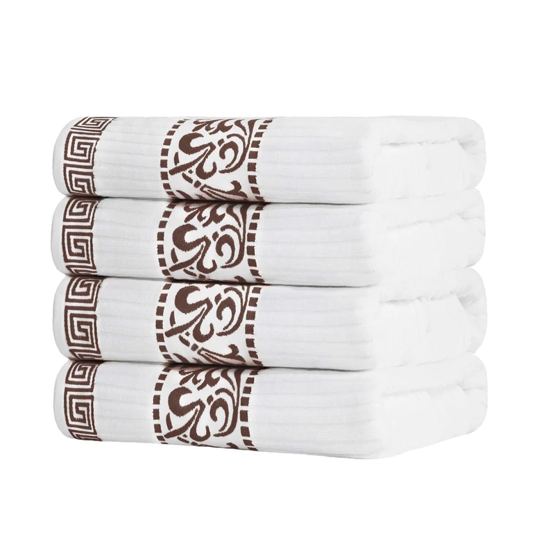 Superior Bath Towel Set Greek Floral Decor Bath Guest Bath Spa Resort Home Accessories Absorbent Cotton Adults Kids Quick Dry Athens Collection 4 Pieces Chocolate Brown