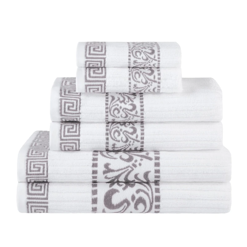 Superior Greek Pattern Decorative 6-Piece Towel Set, Absorbent Premium Cotton, Decor for Bathroom, Spa, Includes 2 Hand, 2 Face, and 2 Bath Towels, Home Essentials, Athens Collection, Chrome