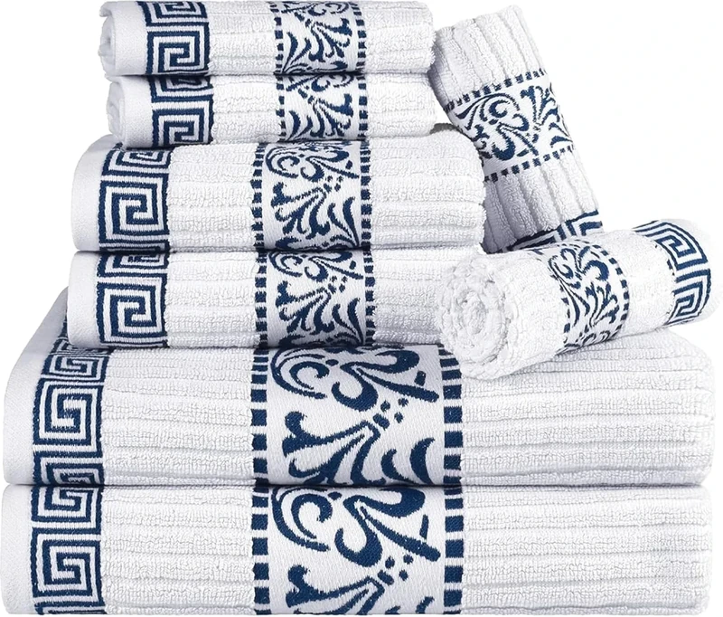 Superior 8 Piece Cotton Towel Set, Highly-Absorbent Plush Decorative Bohemian, Greek Key Trim Jacquard Dobby Border, Face Towels 13” x 13”, Hand Towels 16” x 30”, Bath Towels 30” x 52”, Navy-Blue