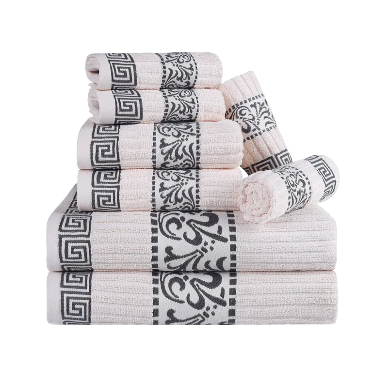 Superior 8-Piece Cotton Towel Set, Decorative Greek Pattern, Home Essentials, Absorbent Towels, Decor for Bathroom, Spa, Includes 2 Hand, 2 Face and 4 Bath Towels, Athens Collection, Grey