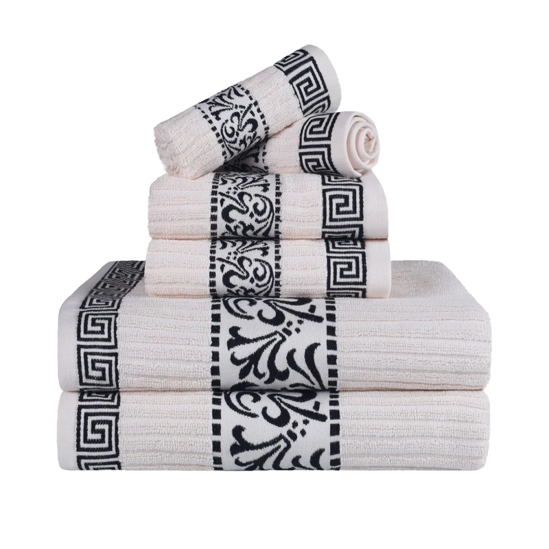Superior 6-Piece Cotton Towel Set, Decorative Greek Pattern, Home Essentials, Absorbent Towels, Bathroom Decor, Spa, Resort, Includes 2 Hand, 2 Face and 2 Bath Towels, Athens Collection, Ivory-Black