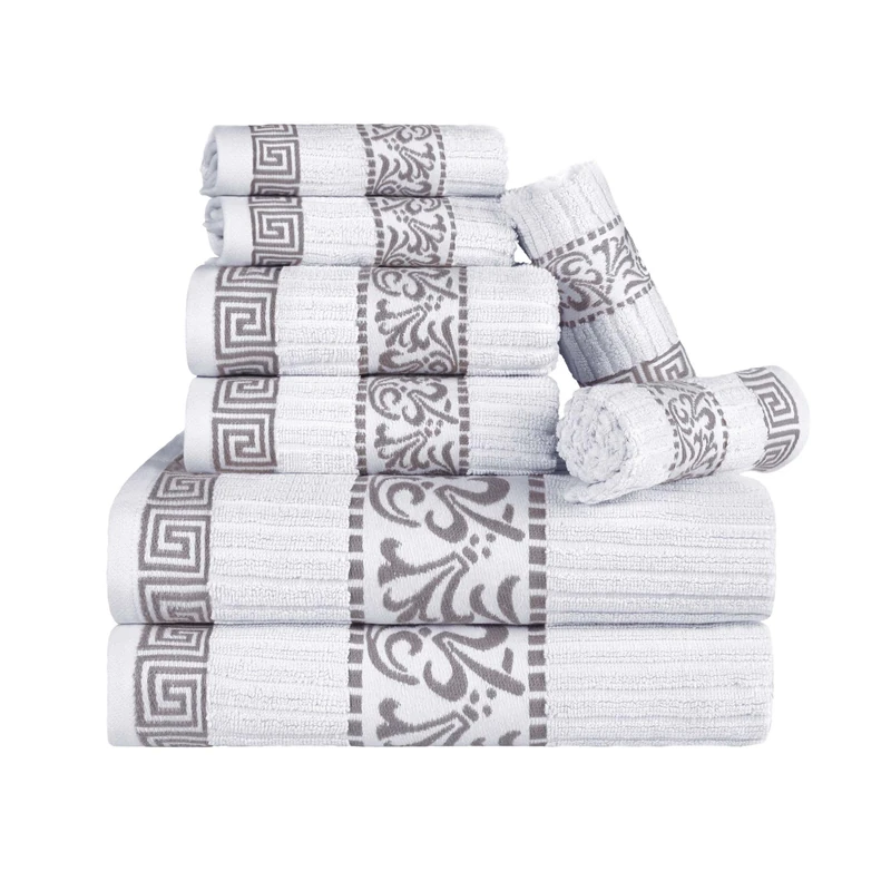 Superior 8 Piece Cotton Towel Set, Highly-Absorbent Plush Decorative Bohemian, Greek Key Trim Jacquard Dobby Border, Face Towels 13” x 13”, Hand Towels 16” x 30”, Bath Towels 30” x 52”, White-Chrome