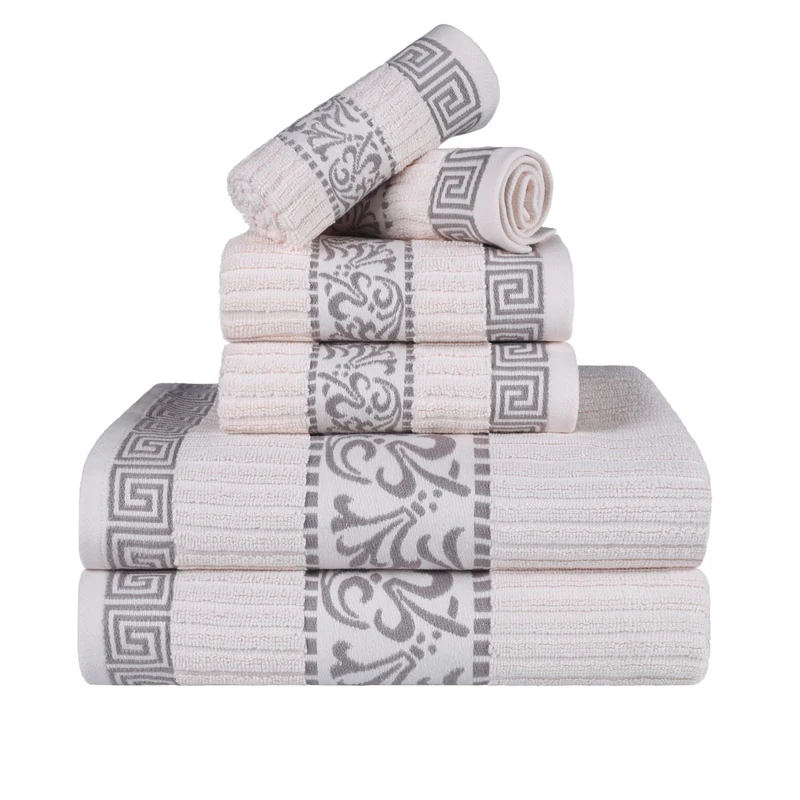 Superior Greek Pattern Decorative 6-Piece Towel Set, Absorbent Premium Cotton, Decor for Bathroom, Spa, Includes 2 Hand, 2 Face, and 2 Bath Towels, Home Essentials, Athens Collection, Ivory-Chrome