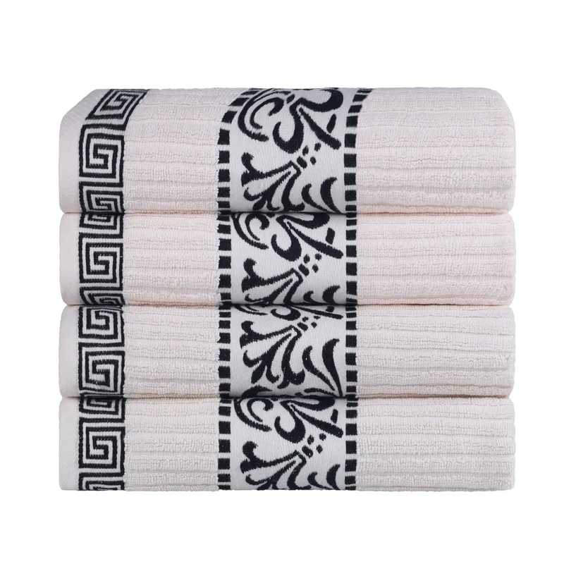 Superior Decorative 4-Piece Bath Towel Set, Greek/Floral Decor for Bathroom, Guest Bath, Spa, Household Essentials, Premium Absorbent Cotton, Athens Collection, Fast Drying Towels, Ivory-Black