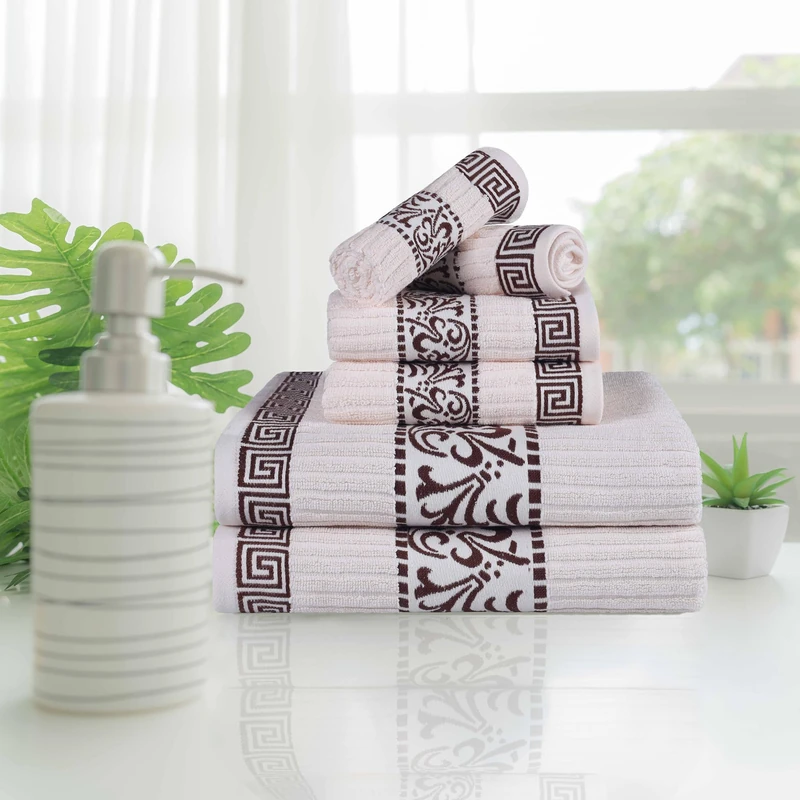 Superior Greek Pattern Decorative 6-Piece Towel Set, Absorbent Premium Cotton, Decor for Bathroom, Spa, Includes 2 Hand, 2 Face, and 2 Bath Towels, Home Essentials, Athens Collection, Ivory-Chocolate