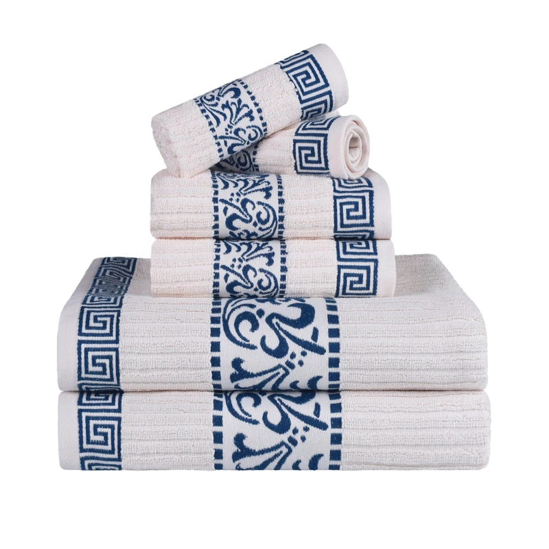 Superior Greek Pattern Decorative 6-Piece Towel Set, Absorbent Premium Cotton, Decor for Bathroom, Spa, Includes 2 Hand, 2 Face, and 2 Bath Towels, Home Essentials, Athens Collection, Ivory-Navy