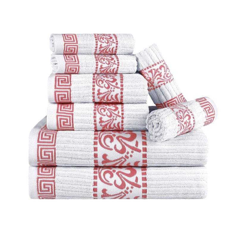 Superior 8-Piece Cotton Towel Set, Decorative Greek Pattern, Home Essentials, Absorbent Towels, Decor for Bathroom, Spa, Includes 2 Hand, 2 Face and 4 Bath Towels, Athens Collection, Coral