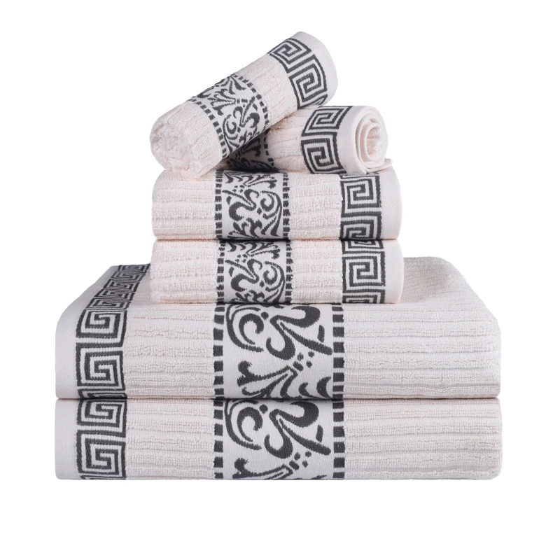 Superior 6-Piece Cotton Towel Set, Decorative Greek Pattern, Home Essentials, Absorbent Towels, Bathroom Decor, Spa, Resort, Includes 2 Hand, 2 Face and 2 Bath Towels, Athens Collection, Ivory-Grey