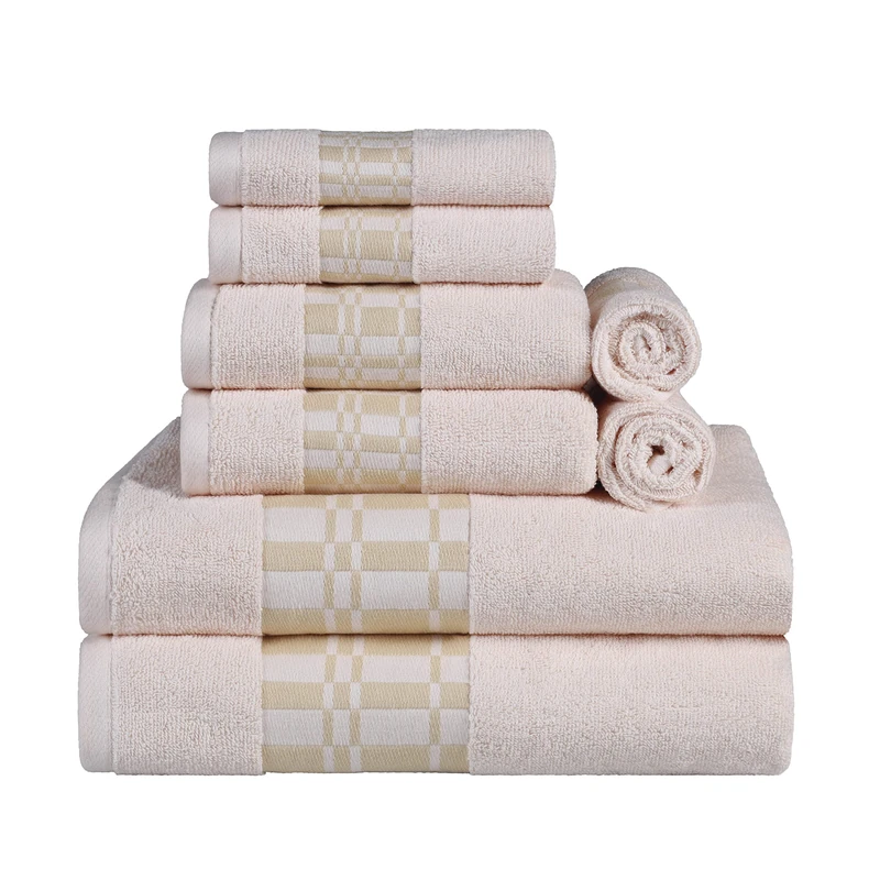 Superior Cotton 8 Piece Towel Set, Plush Quick Dry Decorative Bathroom, Modern Geometric Design with Dobby Border, Face Towels 13” x 13”, Hand Towels 16” x 30”, Bath Towels 30” x 52”, Ivory