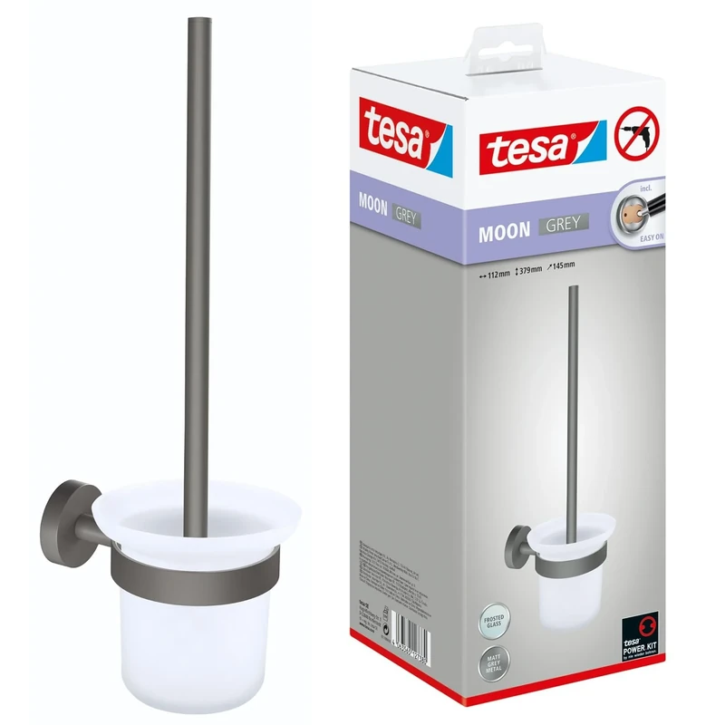 tesa MOON GREY Toilet Brush Set, with holder and toilet brush, matt grey, satin glass - for industrial style and modern bathrooms - drill-free, incl. adhesive solution - 379 mm x 112 mm x 145 mm