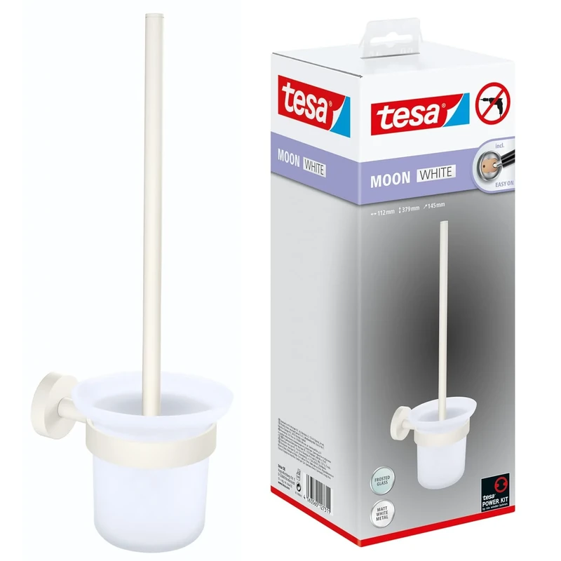 tesa MOON WHITE Toilet Brush Set, with holder and toilet brush, matt white, satin glass - for industrial style and modern bathrooms - drill-free, incl. adhesive solution - 379 mm x 112 mm x 145 mm