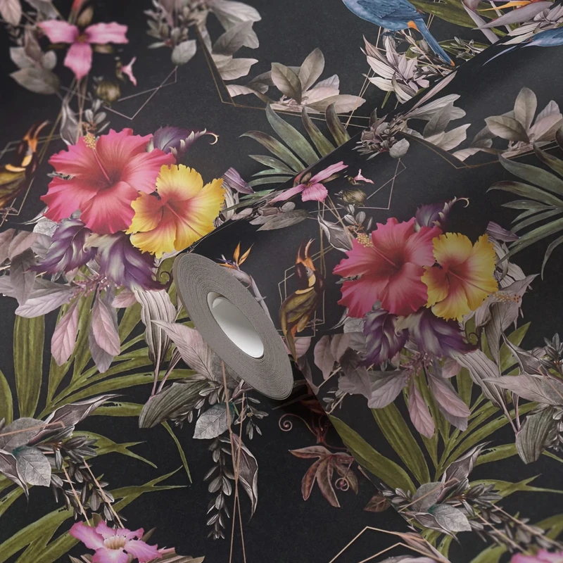 A.S. Création Floral Wallpaper Dream Flowery Non-Woven Wallpaper 10.05 m x 0.53 m Black Orange Green Made in Germany 381781 381781