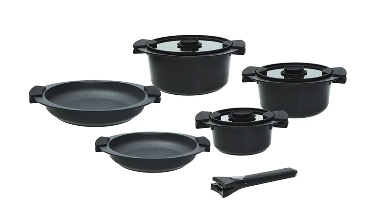 Tognana Avantspace 8 Piece Black Pot and Pan Battery with Removable Handle Space Saving