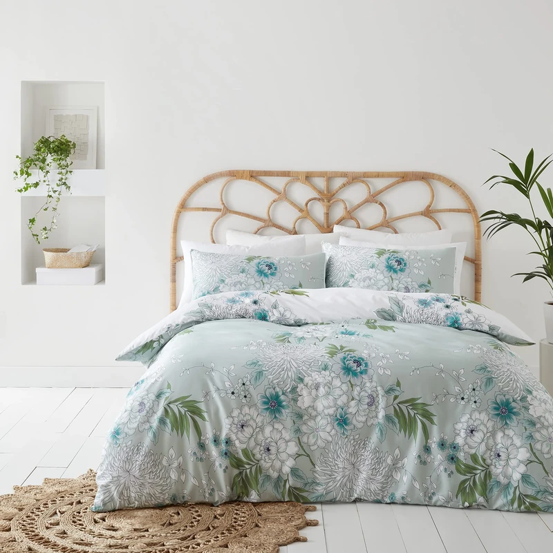 Bianca Chinoiserie Floral 400 Thread Count Sateen Double Duvet Set Green