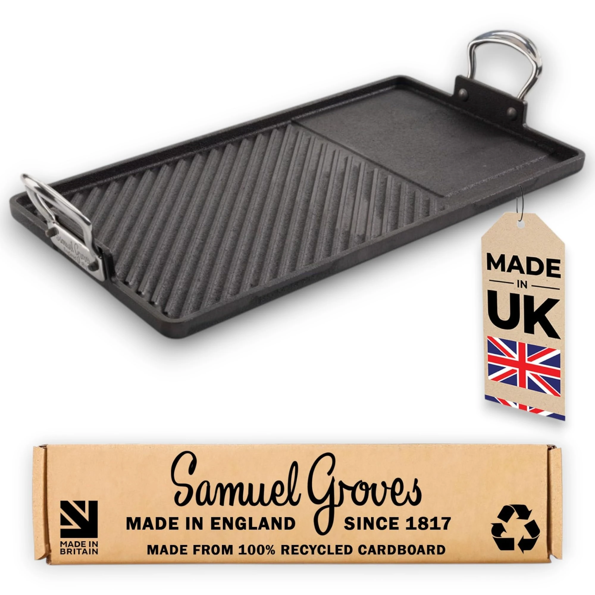 Samuel Groves Cast Iron Double Burner Griddle 45cm x 25cm Britannia Recycled Cast Iron Frying Pan Skillet Cookware Range UK Made